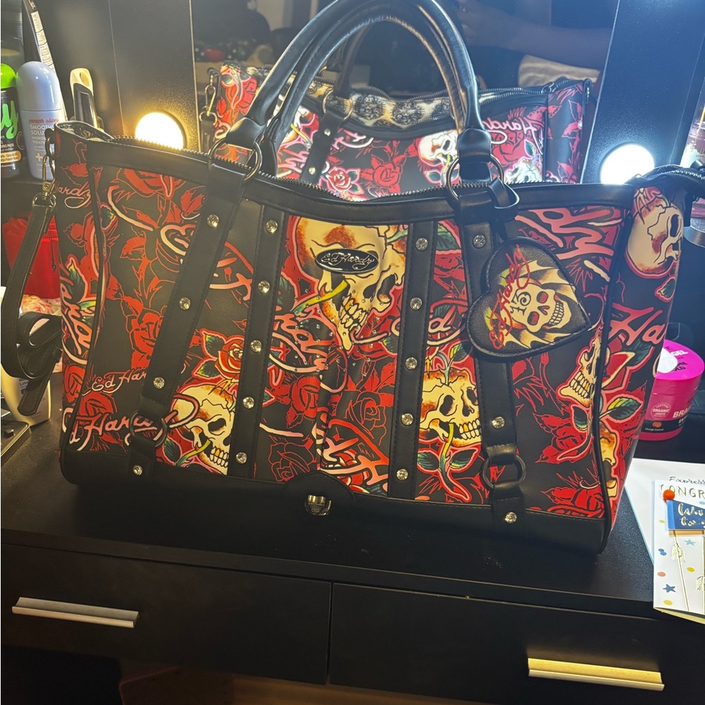 Ed Hardy Red and Black Skull & Rose Duffel Bag